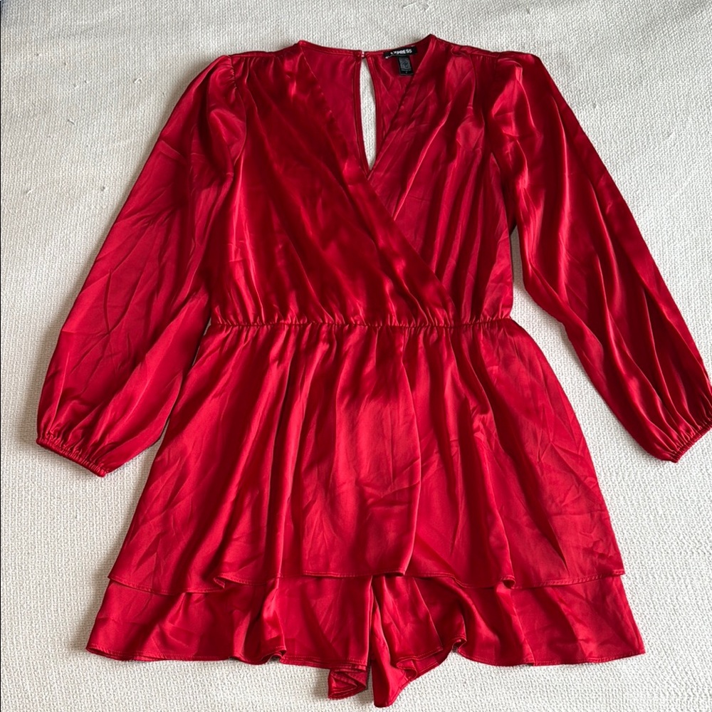 Red Satin Long Sleeve Romper
